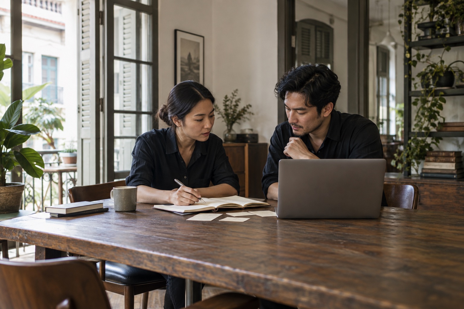 Two people reviewing their work together in a sunlit office